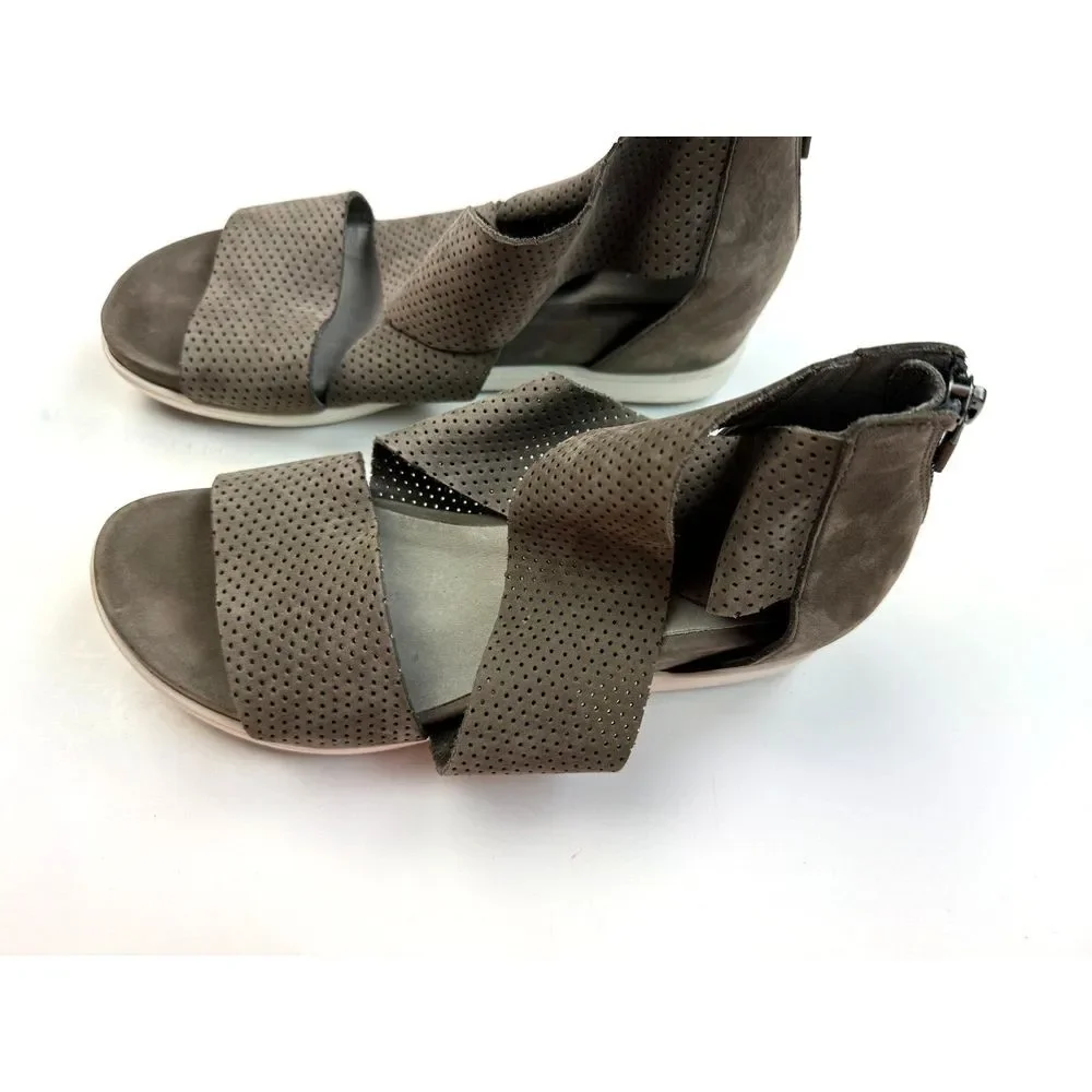 Eileen Fisher Voice Wedge Sandals Women 6 Flaw* Perforated Leather Zip Closure‎